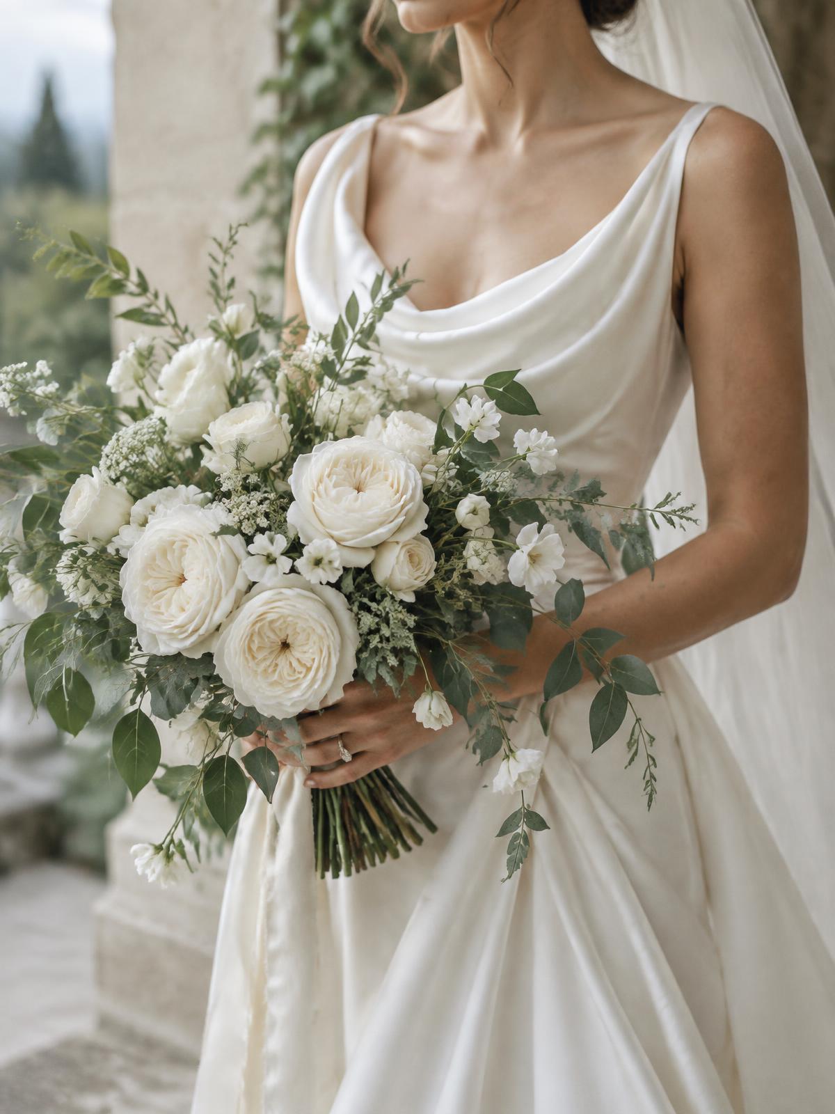 Bride holding an ivory floral bouquet