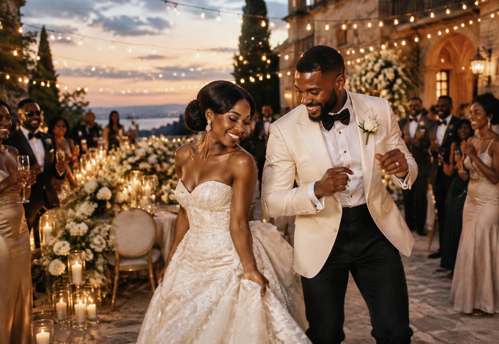Newlyweds dancing at their candlelit reception
